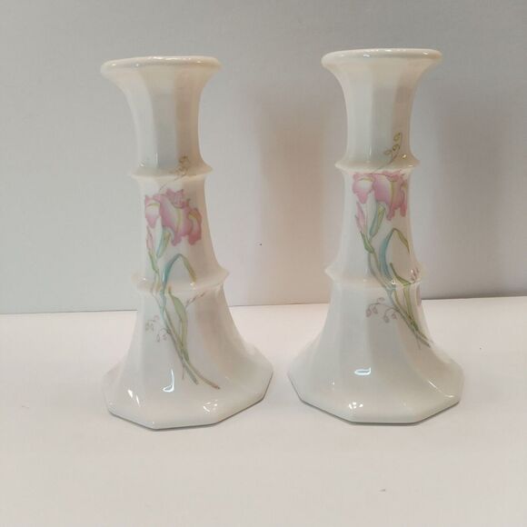 Other - Toyo White Floral Porcelain Bud Made In Japan‎ 6.5" Tall Candle Sticks Set Of 2